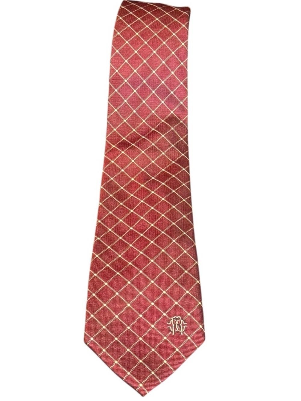 Roberto Cavalli 100% Silk Necktie Burgundy Gold Diamond Grid RC Monogram Italy